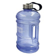 Large blue plastic water bottle with 2.2 litre capacity, metallic silver screw-top lid with black carrying strap, clear measurement markings on transparent sides, Urban Fitness branding visible on front, suitable for gym and fitness use