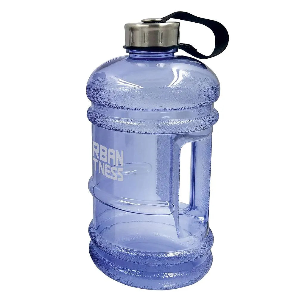Large blue plastic water bottle with 2.2 litre capacity, metallic silver screw-top lid with black carrying strap, clear measurement markings on transparent sides, Urban Fitness branding visible on front, suitable for gym and fitness use