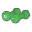 Pair of green neoprene-covered hex dumbbells weighing 1.5kg each with Urban Fitness Equipment branding displayed against a white background