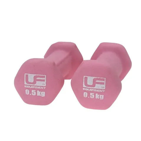 Pair of pink neoprene-covered hex dumbbells 0.5kg each with Urban Fitness branding displayed on white background