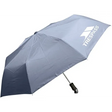 Trespass Compact Umbrella in black with white logo, featuring automatic open mechanism and ergonomic handle, displayed against white background