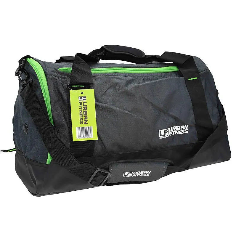 Urban Fitness small holdall gym bag in charcoal black and neon green with shoulder strap and carrying handles