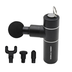 Urban Fitness Mini Massage Gun UFA621 in black with silver accents, showing the main device with carrying handle, round massage head attachment, and three interchangeable massage heads including fork, textured ball, and pointed cone applicators