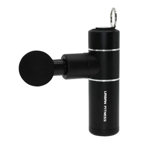 Black portable massage gun with spherical attachment head, chrome accents and carrying loop, Urban Fitness brand model UFA621 mini device shown against white background