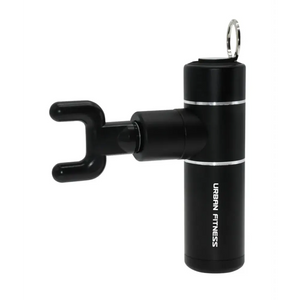 Black compact massage gun by Urban Fitness with metal attachment head, carrying handle loop, and white brand text on cylindrical body