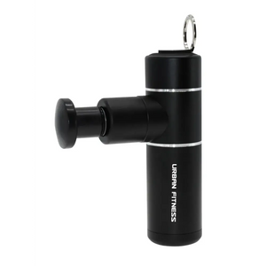 Black Urban Fitness mini massage gun with metal attachment head, chrome band detail, and carry ring on white background