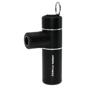 Black cylindrical Urban Fitness mini massage gun with silver accents and metal carrying ring, shown at an angle displaying the device head and compact design