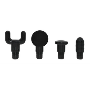 Four black plastic attachment heads for Urban Fitness massage gun displayed in a row, showing U-shaped fork, spherical ball, flat mushroom, and rounded cone shaped tips on white background