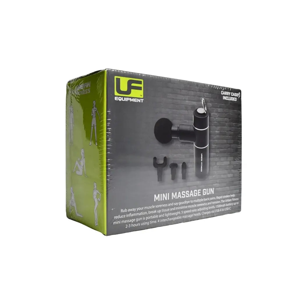 Urban Fitness mini massage gun in black with carry case and interchangeable massage heads displayed in green and grey retail packaging
