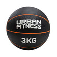 Urban Fitness 3kg medicine ball with black rubber construction and orange trim stripes, featuring white printed branding on front panel