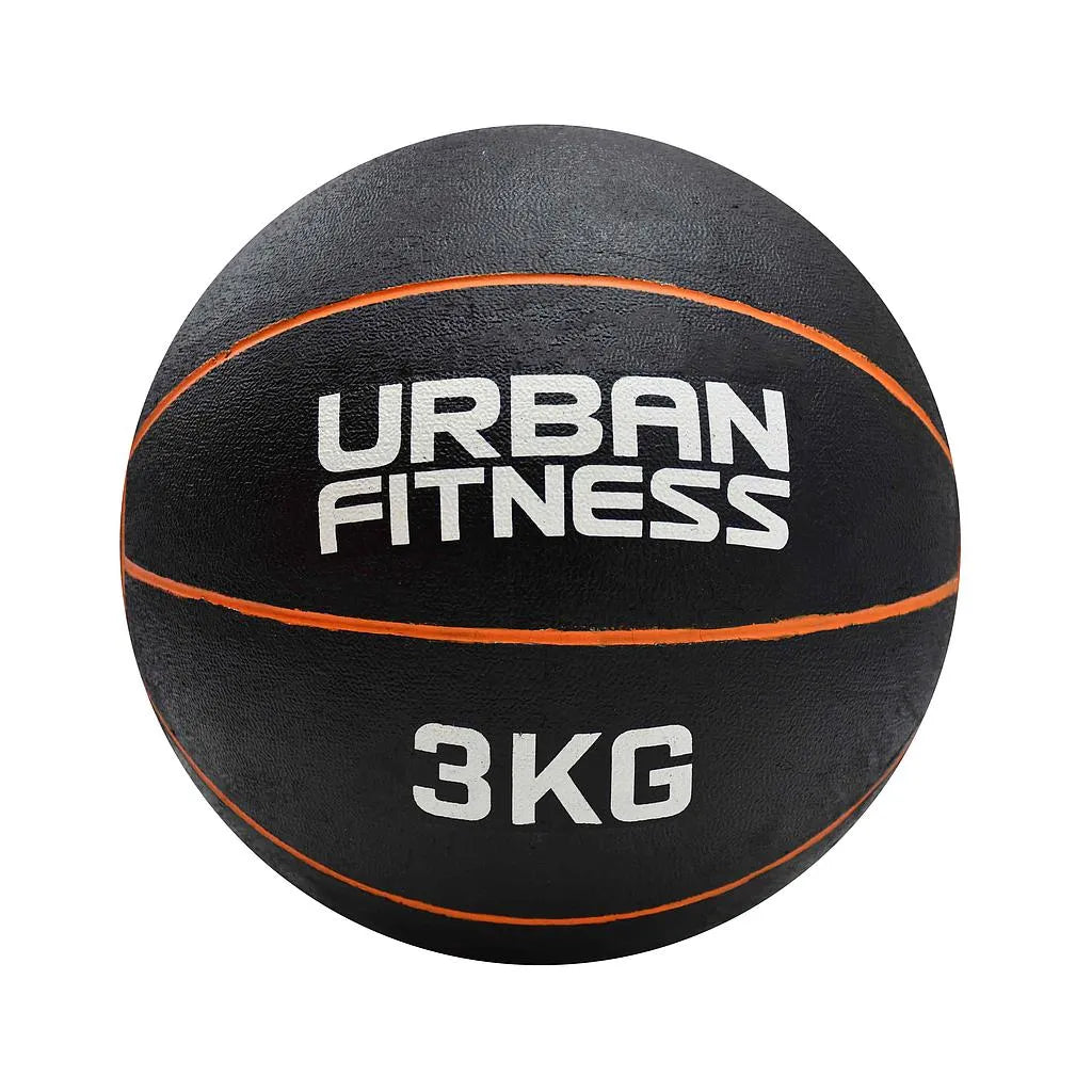 Urban Fitness 3kg medicine ball with black rubber construction and orange trim stripes, featuring white printed branding on front panel