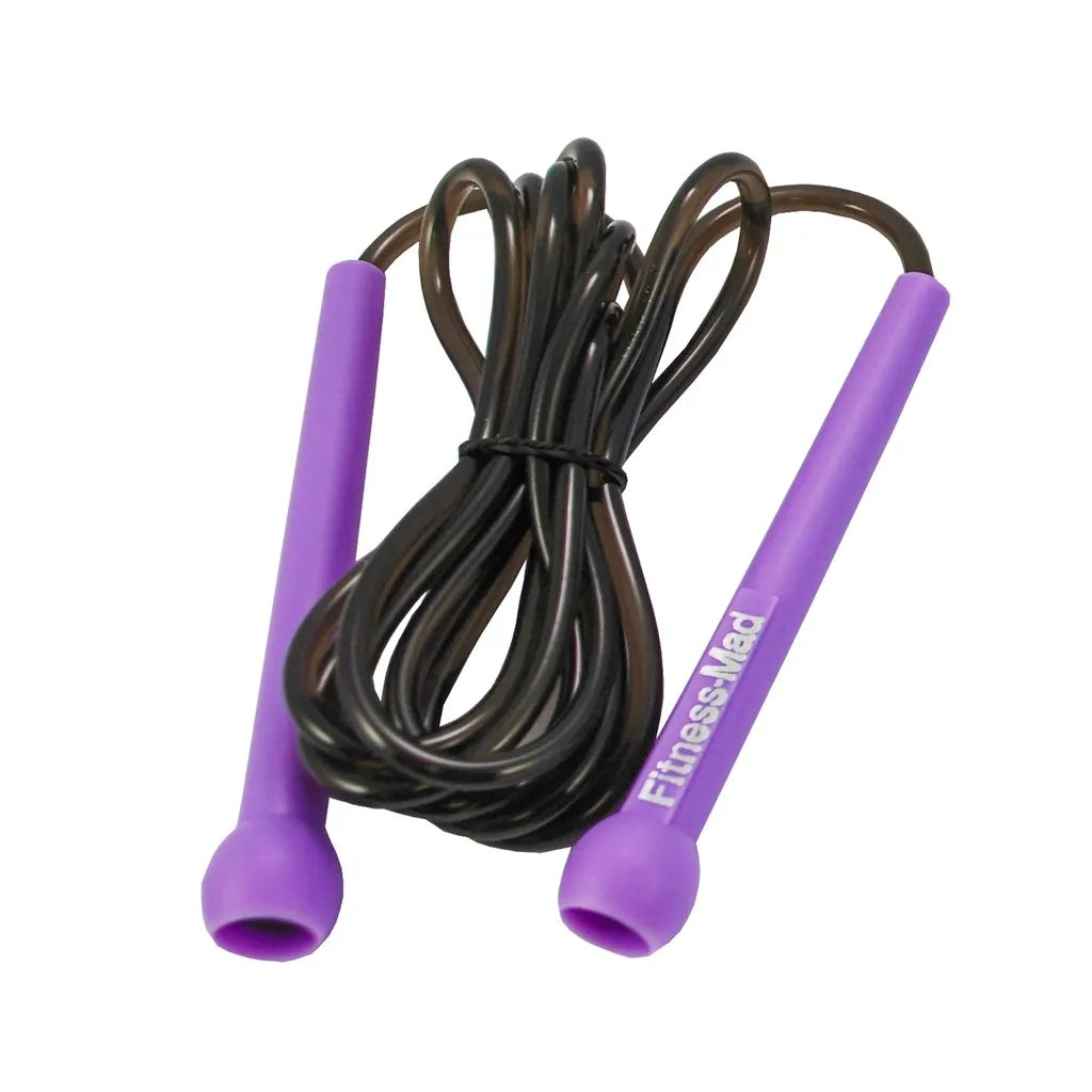 Purple and black speed skipping rope with foam handles and coiled cord displayed against white background