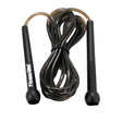 Black speed skipping rope with bronze metal handles and black grip sections, coiled in the center, displaying Fitness Mad branding on left handle