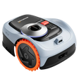 Segway Navimow i206 AWD robotic lawn mower with white and black body, orange wheel trim, circular cutting deck, and black control panel with red button on top, designed for 600m2 lawn coverage