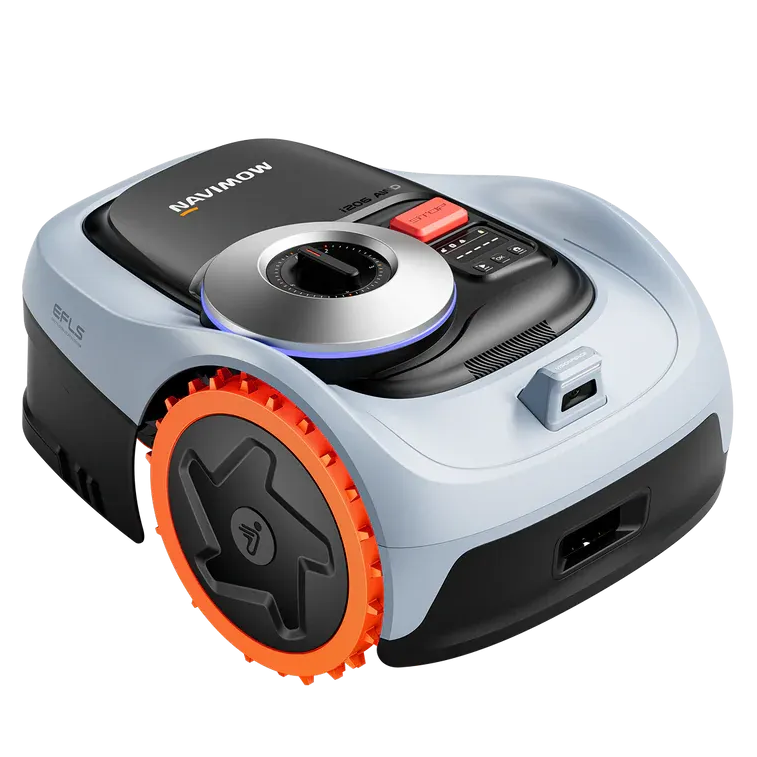 Segway Navimow i206 AWD robotic lawn mower with white and black body, orange wheel trim, circular cutting deck, and black control panel with red button on top, designed for 600m2 lawn coverage