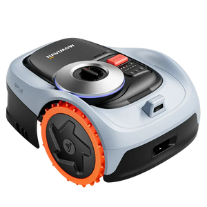 Segway Navimow i206 AWD robotic lawn mower with white and black body, orange wheel trim, circular cutting deck, and black control panel with red button on top, designed for 600m2 lawn coverage