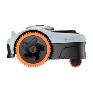 Segway Navimow i206 AWD robotic lawn mower with white and black body, prominent orange gear-toothed wheel, and LED lights on top, side view on white background