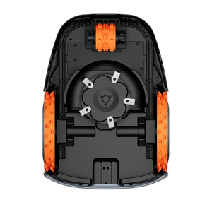 Overhead view of Segway Navimow i206 AWD robotic lawn mower showing black chassis with orange rubber tracks on sides, central cutting blade assembly with metal tabs, and orange component at top for navigation and charging