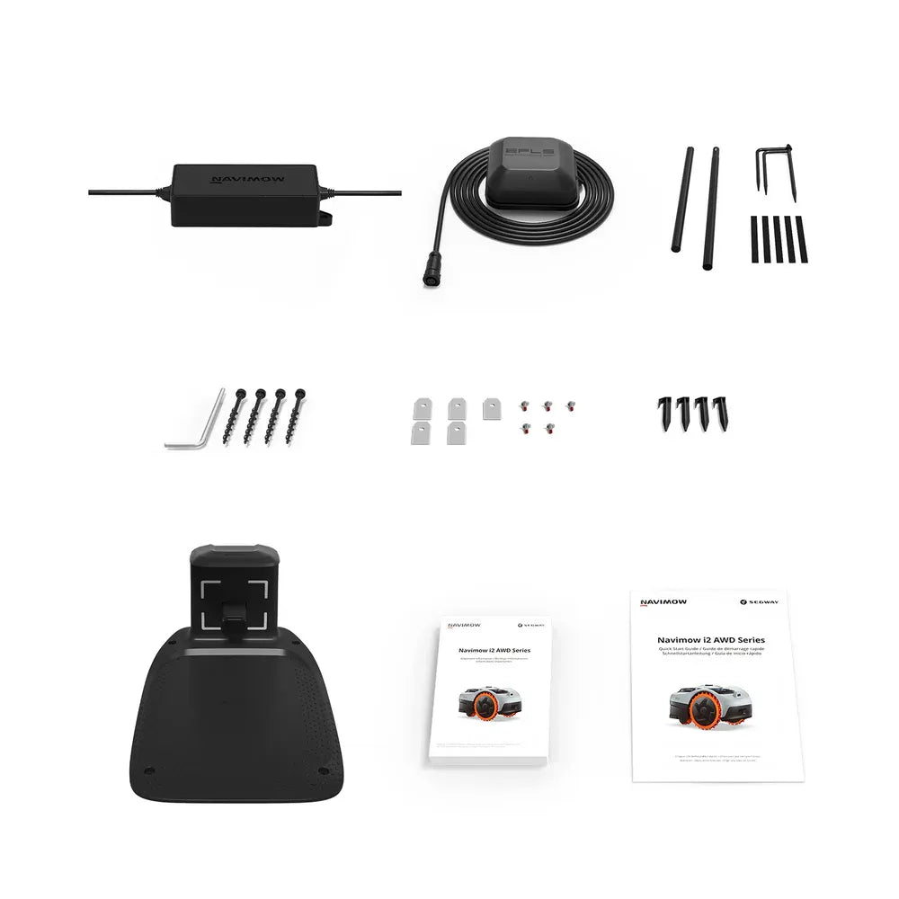Segway Navimow i206 AWD robotic lawn mower accessories and components laid out flat including black power adapter, GPS antenna with coiled cable, installation brackets and screws, Allen wrench tool, charging dock with mounting hardware, and product instruction manuals with orange and black branding