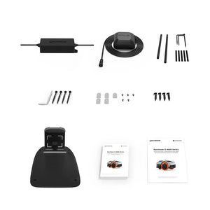 Segway Navimow i206 AWD robotic lawn mower accessories and components laid out flat including black power adapter, GPS antenna with coiled cable, installation brackets and screws, Allen wrench tool, charging dock with mounting hardware, and product instruction manuals with orange and black branding