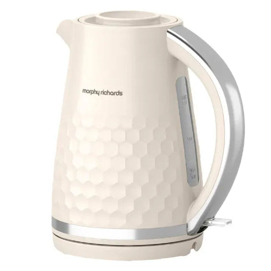 Morphy Richards Hive cream electric kettle with honeycomb texture pattern, 1.5 litre capacity, grey accents and stainless steel base