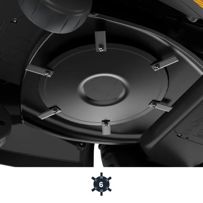 Close-up of a black circular component with six metallic tabs on a white background