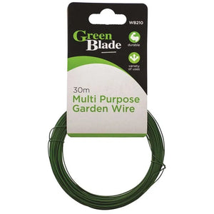 Green Blade 30m multi-purpose garden wire coiled in packaging showing dark green galvanised wire on black and white label with green branding and WB210 product code