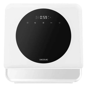 Cecotec Bolero Aguazero white compact countertop dishwasher with black circular door and digital display showing 0:59, featuring touch control buttons and timer functions