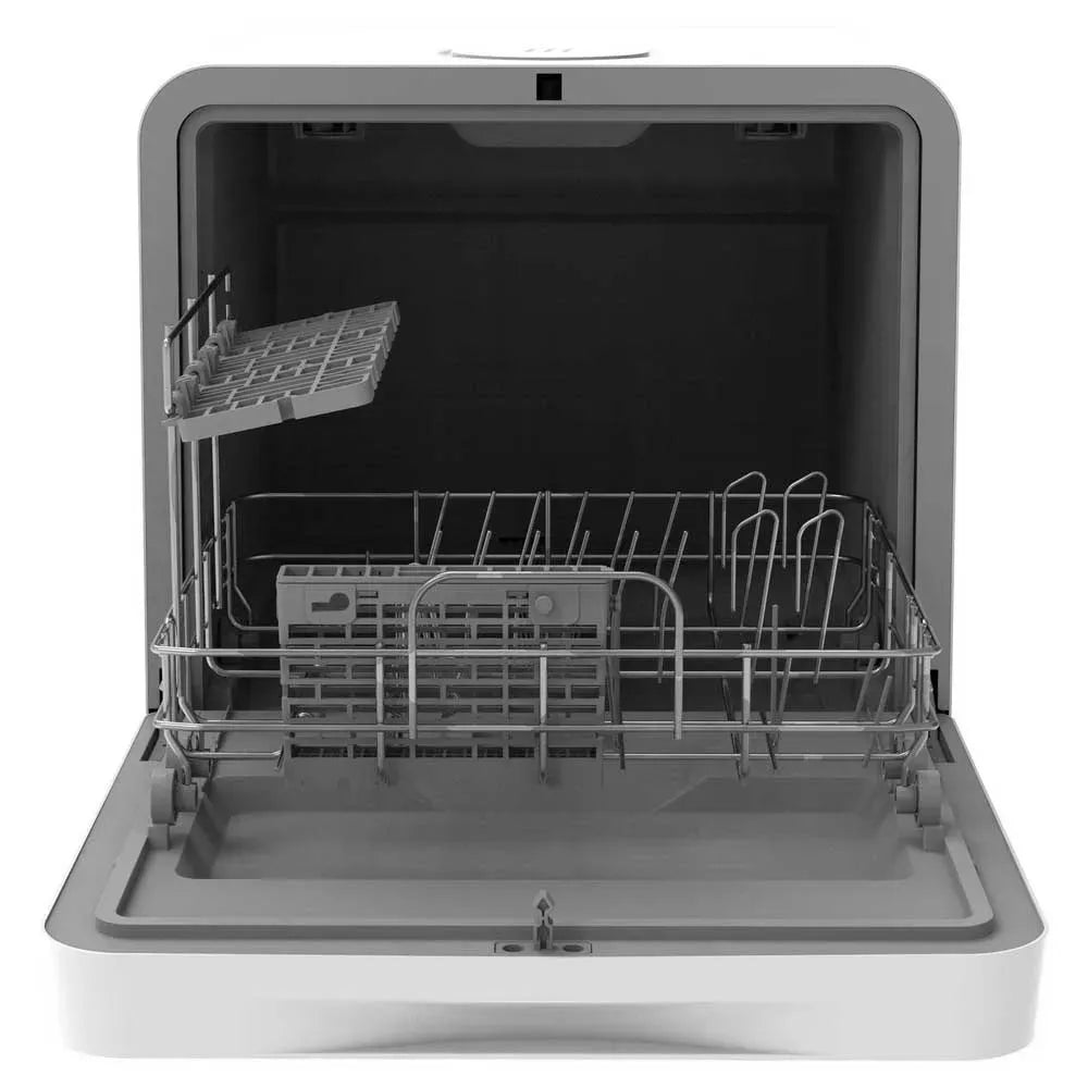 Cecotec Bolero Aguazero white compact countertop dishwasher with open door showing stainless steel interior racks and spray arms