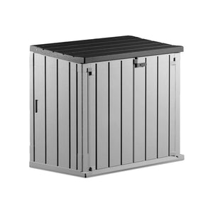 Toomax Storer Plus garden storage unit in taupe grey and anthracite with vertical slatted resin walls, black roof lid and lockable doors