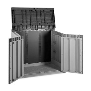 Toomax Storer Plus garden storage unit in taupe grey and anthracite with open doors and lid, showing interior compartments and ventilated sides