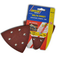 Safeline Delta Sheet 105x105mm fine sanding pads pack showing brown abrasive sheets with pre-drilled holes displayed next to blue and red product packaging