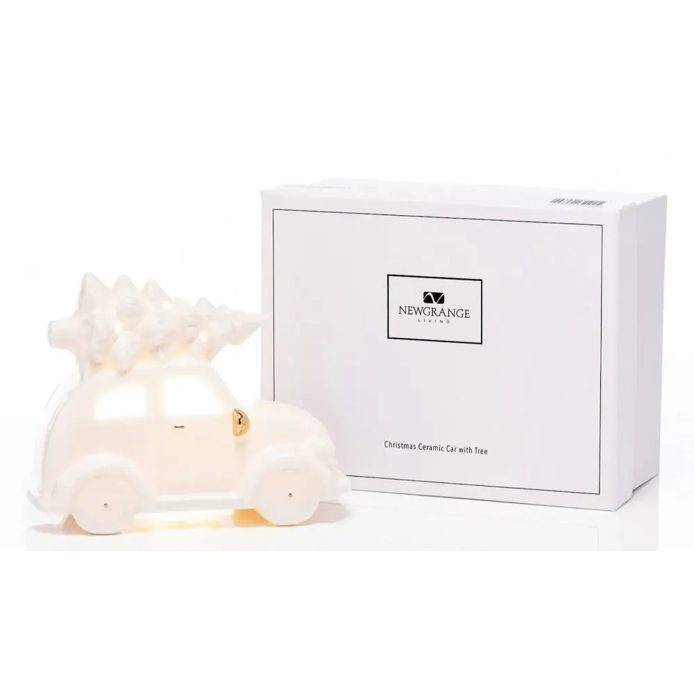 Newgrange Living white ceramic Christmas car with tree decoration in gift box packaging, festive holiday ornament with gold accents