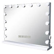 Hollywood-style desktop LED mirror with white frame and base, featuring 14 bright LED bulbs arranged around the perimeter, integrated Bluetooth speakers, and touch control buttons at the bottom center