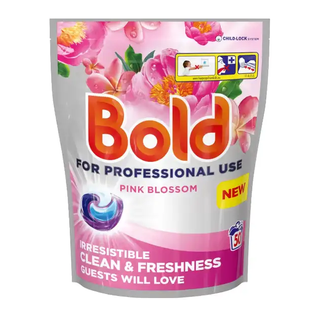 Bold Professional Pink Blossom laundry washing pods 100 pack pouch with child lock system featuring pink flowers and purple detergent capsules