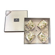 Newgrange Living Floral Rose Mug Set of 4 in cream with green leaves and pink roses displayed in opened gift box packaging with branded label