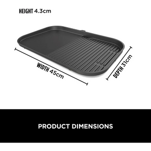 Black grill pan with dimensions labeled on a white background