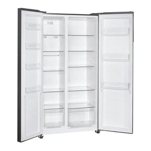 Candy 442L frost free American fridge freezer with stainless steel finish, side-by-side design with both doors open showing multiple glass shelves and clear storage compartments