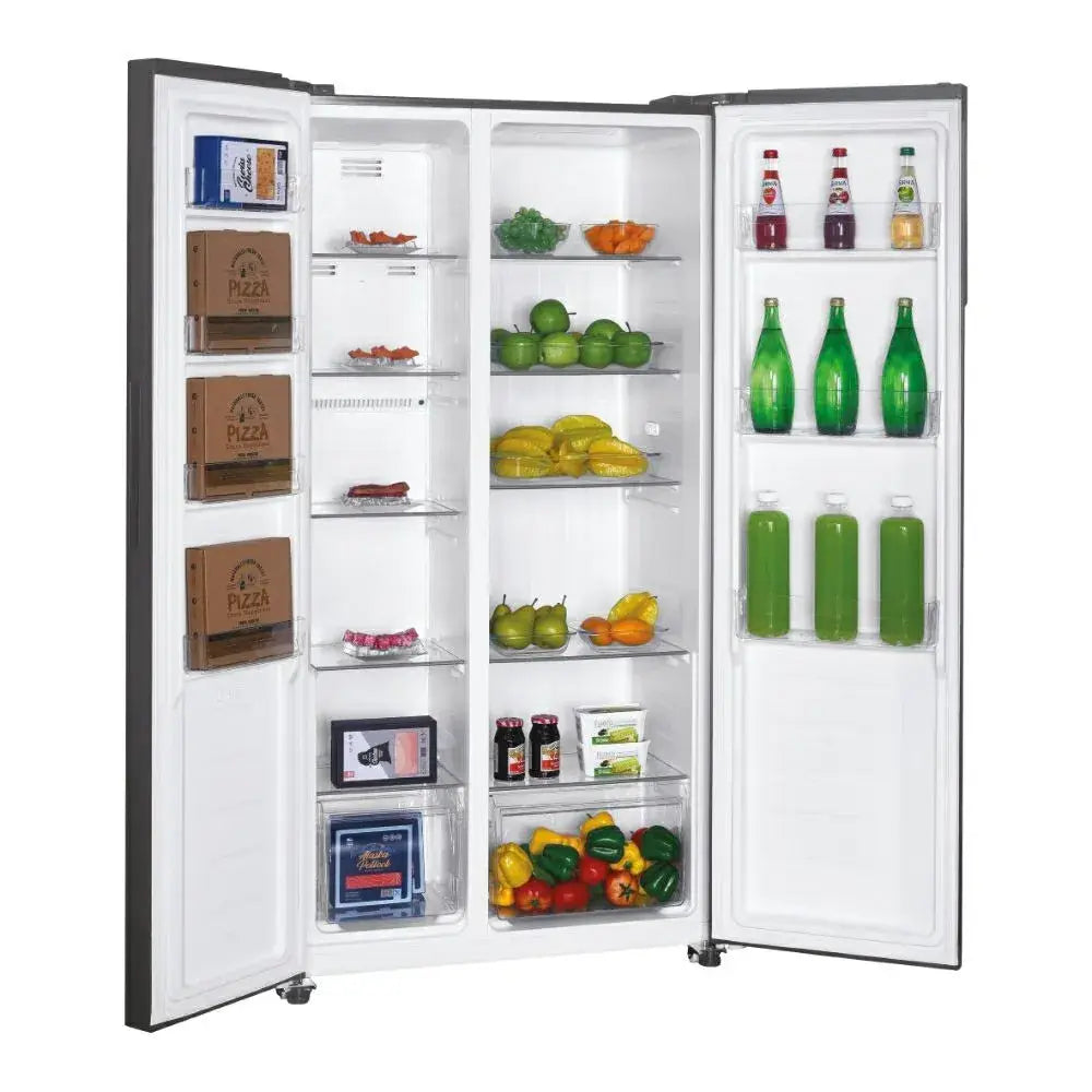 Candy 442L frost free American fridge freezer in stainless steel with both doors open displaying fresh produce, beverages, and groceries on multiple shelves