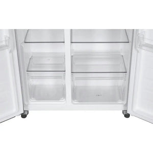 Interior view of Candy CHSBSV5172EXKN American fridge freezer with open doors showing empty clear glass shelves and transparent crisper drawers in stainless steel and white finish