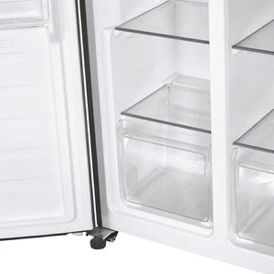 Interior view of a Candy American fridge freezer with open door showing empty glass shelves and clear storage drawers in stainless steel finish