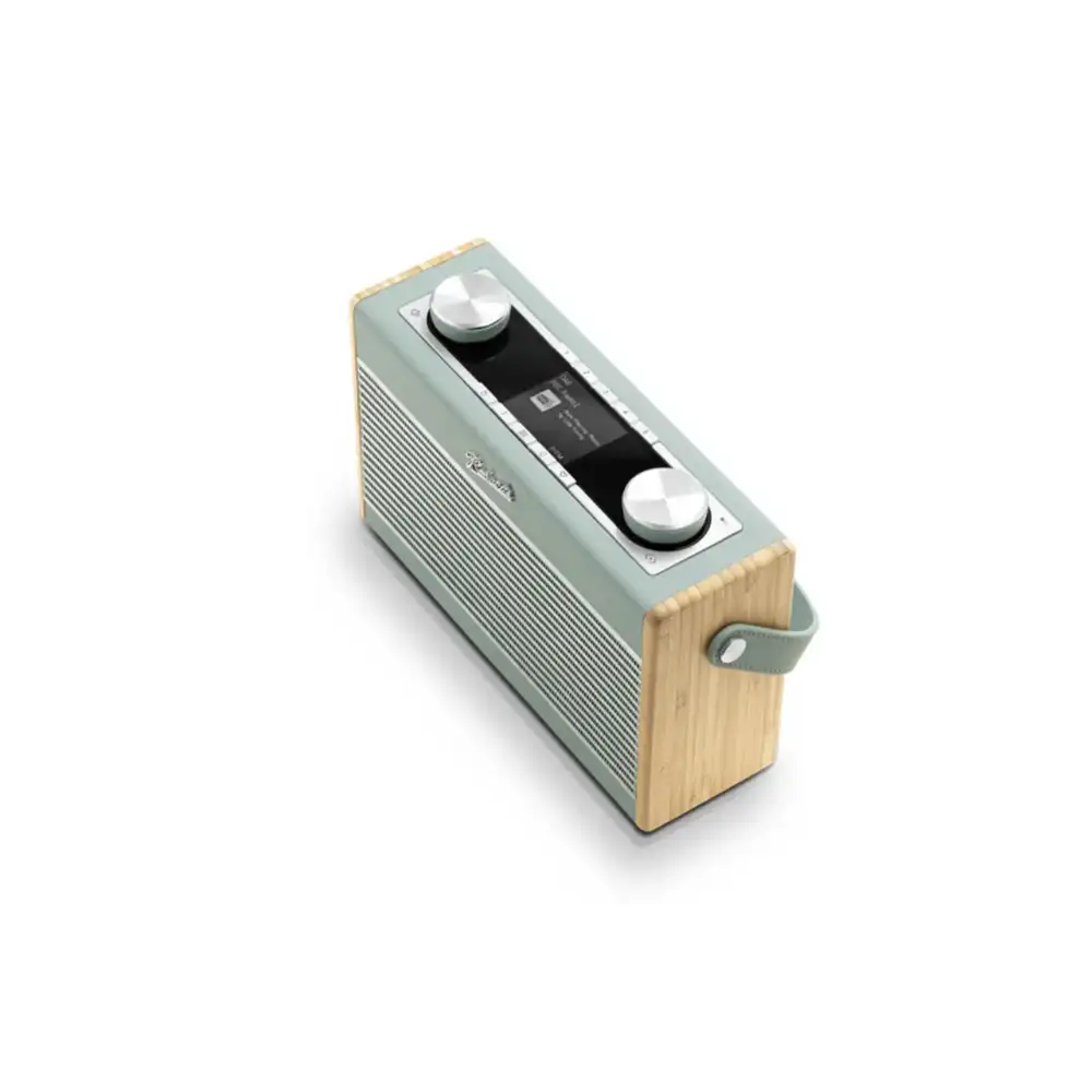 Roberts Rambler Max Smart DAB+ FM radio with duck egg blue fabric front, natural wood sides, dual white rotary knobs, black digital display panel, and integrated carry handle shown against white background
