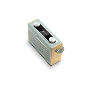 Roberts Rambler Max Smart DAB+ FM radio with duck egg blue fabric front, natural wood sides, dual white rotary knobs, black digital display panel, and integrated carry handle shown against white background