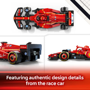 Top-down view of red LEGO Ferrari SF-24 Formula 1 race car with black accents, HP and Santander branding, alongside detailed side profile shots showing authentic design elements including Pirelli tires and aerodynamic features