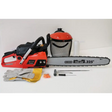 Victor XCS5000V 50cc chainsaw in red with 20 inch Oregon Pro-Am bar, includes protective gear, face shield, gloves, fuel container, and maintenance tools laid out on white background