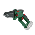 Bosch EasyChain 18V cordless chainsaw with green and black body, red trigger and controls, featuring compact design with battery compartment shown in dotted outline
