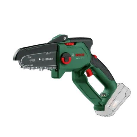 Bosch EasyChain 18V cordless chainsaw with green and black body, red trigger and controls, featuring compact design with battery compartment shown in dotted outline