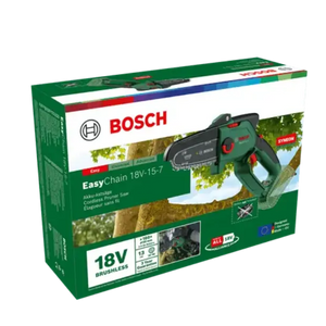 Bosch EasyChain 18V-15-7 cordless chainsaw with green and black design, displayed in product packaging with 18V battery and charger included