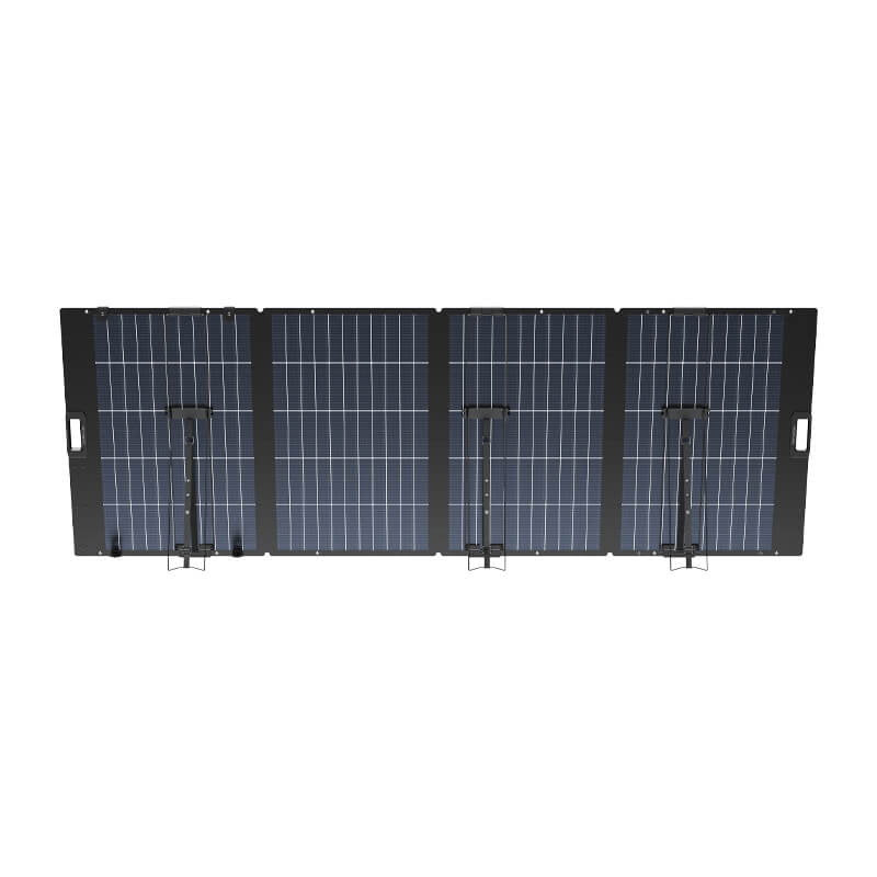EcoFlow 400W lightweight portable solar panel with four black foldable panels featuring blue photovoltaic cells arranged in a grid pattern, displayed in fully extended position with metal hinges and carrying handles visible