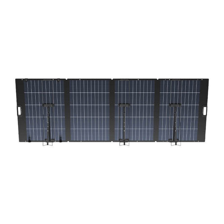 EcoFlow 400W lightweight portable solar panel with four black foldable panels featuring blue photovoltaic cells arranged in a grid pattern, displayed in fully extended position with metal hinges and carrying handles visible